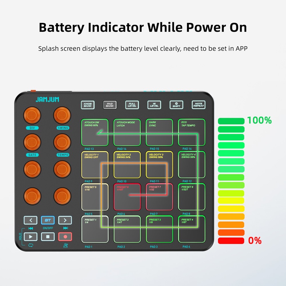 JAMJUM MIDI Controller with 16 RGB Pads 8 Knobs 6 Buttons 2000mAh Battery