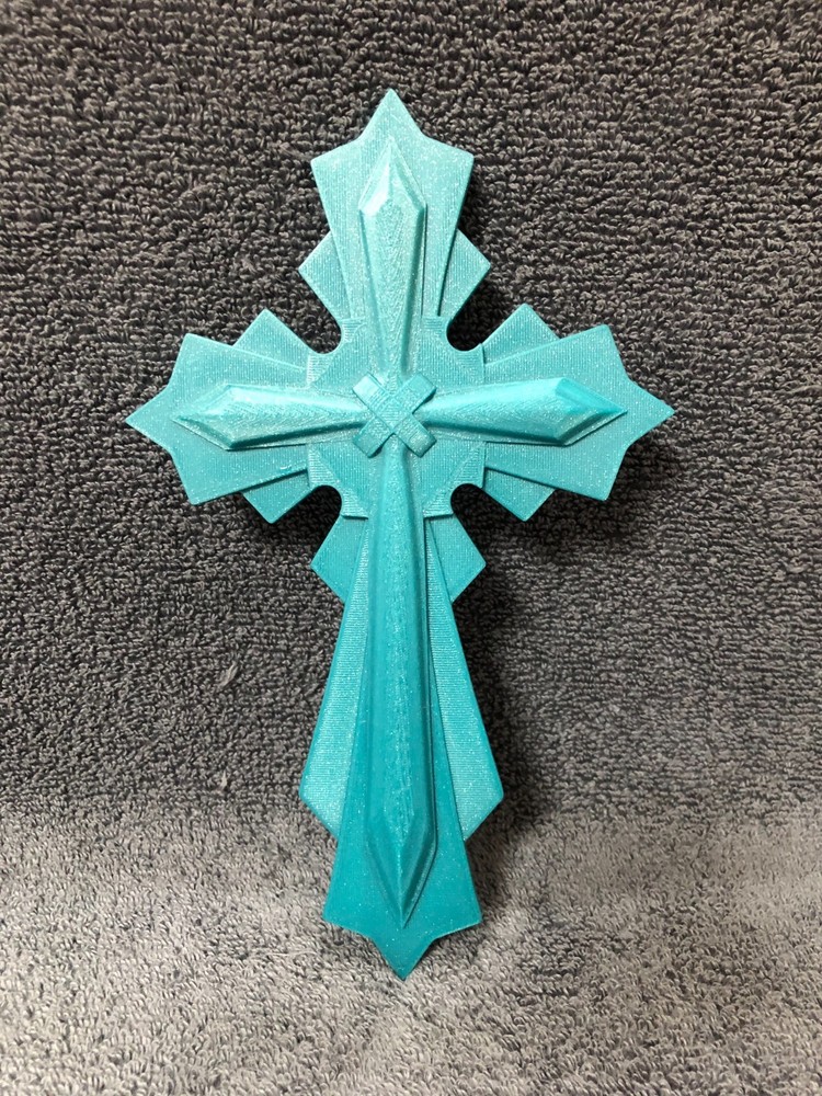 3d Printed Religious Cross Sparkle Turquoise (with mounting hardware)