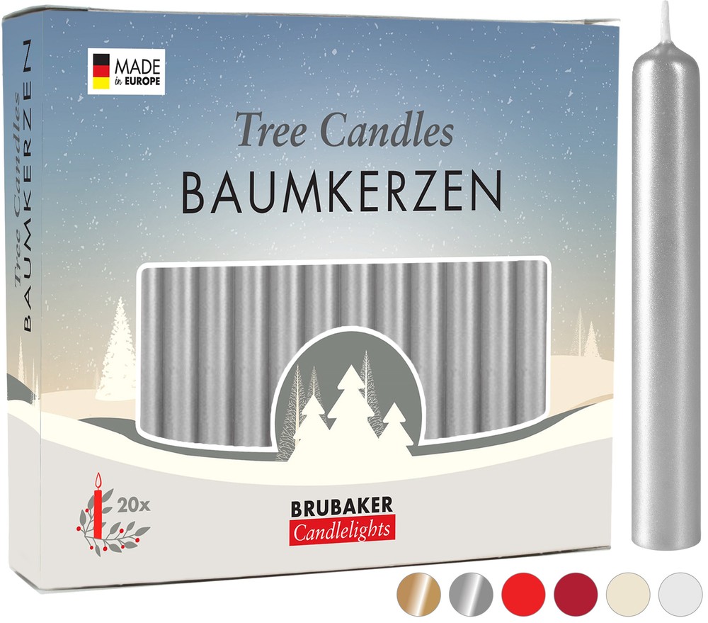 BRUBAKER Tree Candles - Pack of 20 - 9.5 cm - Silver