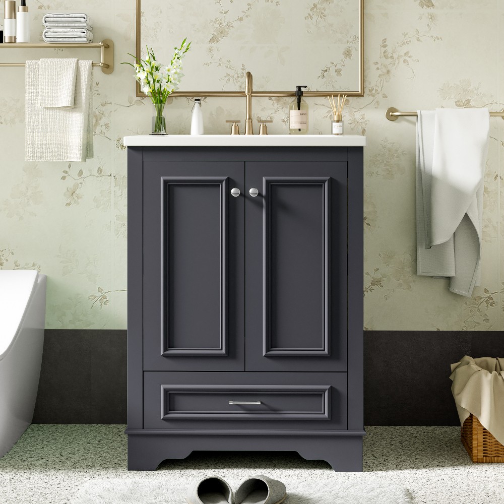Bathroom Vanity W Ceramic Sink Combo Silver Handles