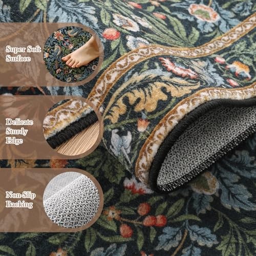 Washable Floral Hallway Runner Rug 2x6 Non Slip, Boho Floral Birds Kitchen