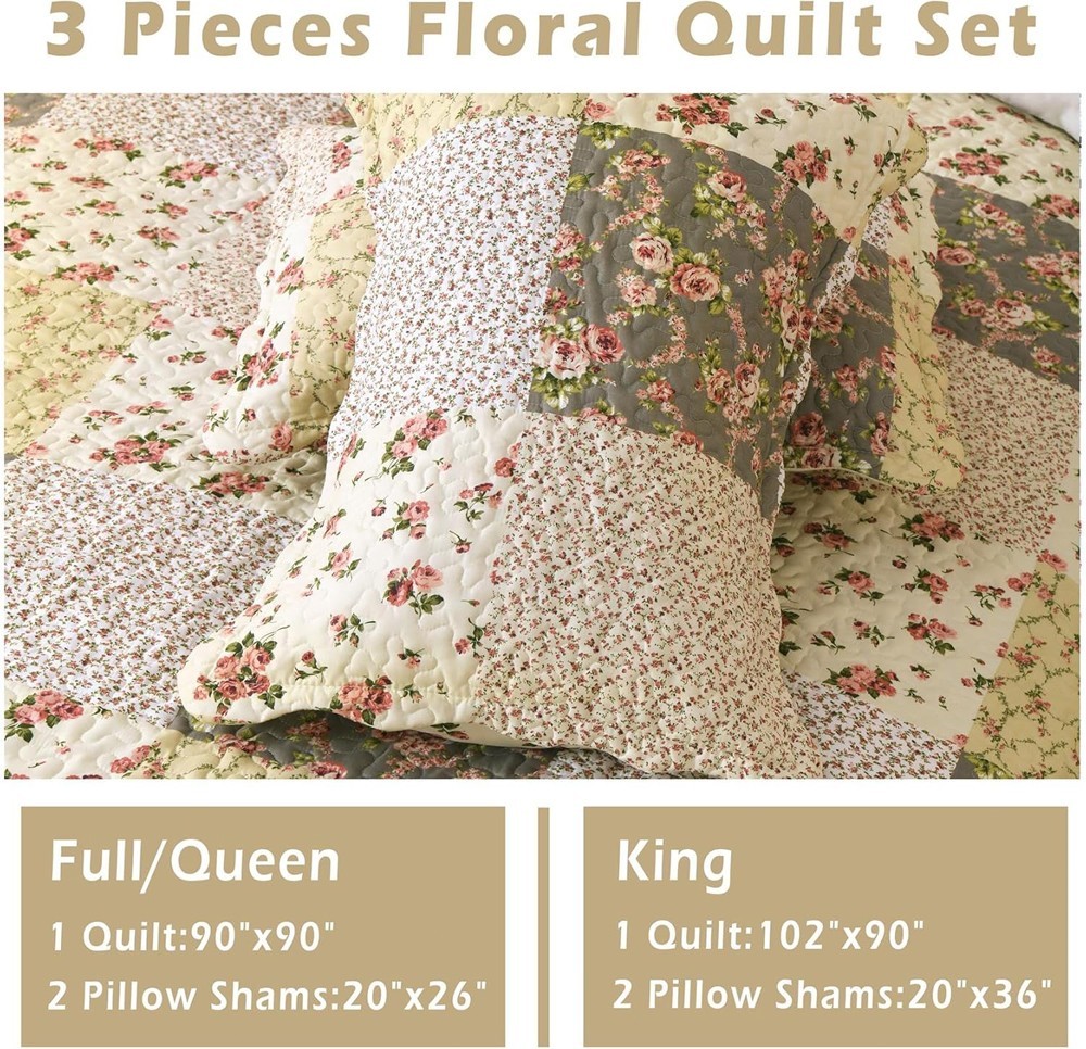 Romantic Patchwork Quilt Set King Size Reversible Bedspread Coverlet All Season