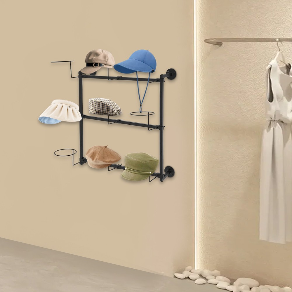 Wall Mount Hat Rack, Hat Storage Hanger, 3-Tier Wall-Mounted Hat Display Rack