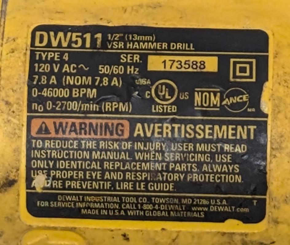 Dewalt DW511 7.8 Amp Corded 1/2" Variable Speed Reversible Hammer Drill