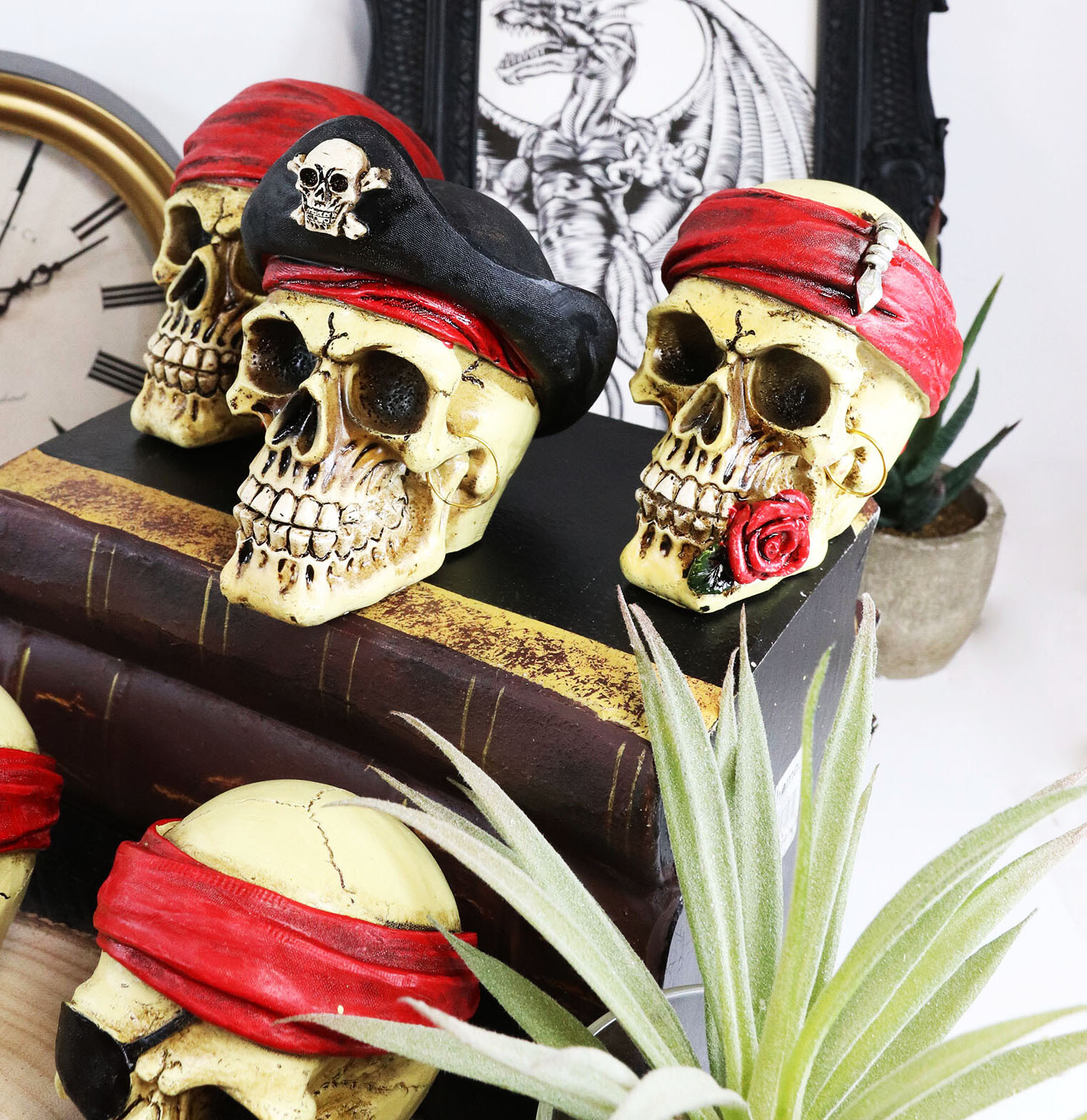 Ebros Set of 4 Skeleton Pirate Captain Marauders Caribbean Sea Skulls Figurine