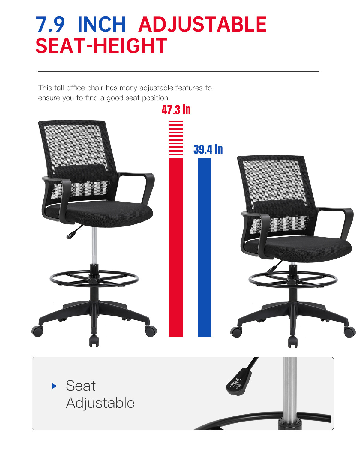 Drafting Chair Tall Office Chair Adjustable Height with Lumbar Support Arms Foot