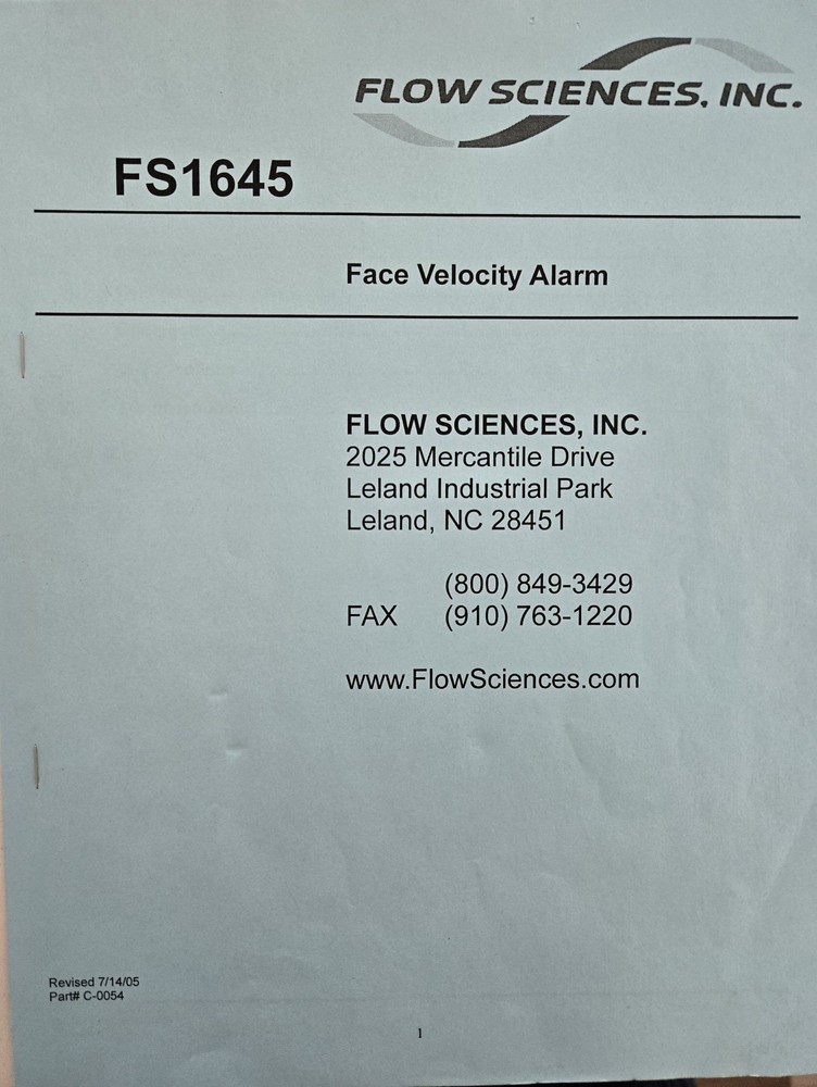 FLOW SCIENCES INC MODEL FS1645 FACE VELOCITY ALARM