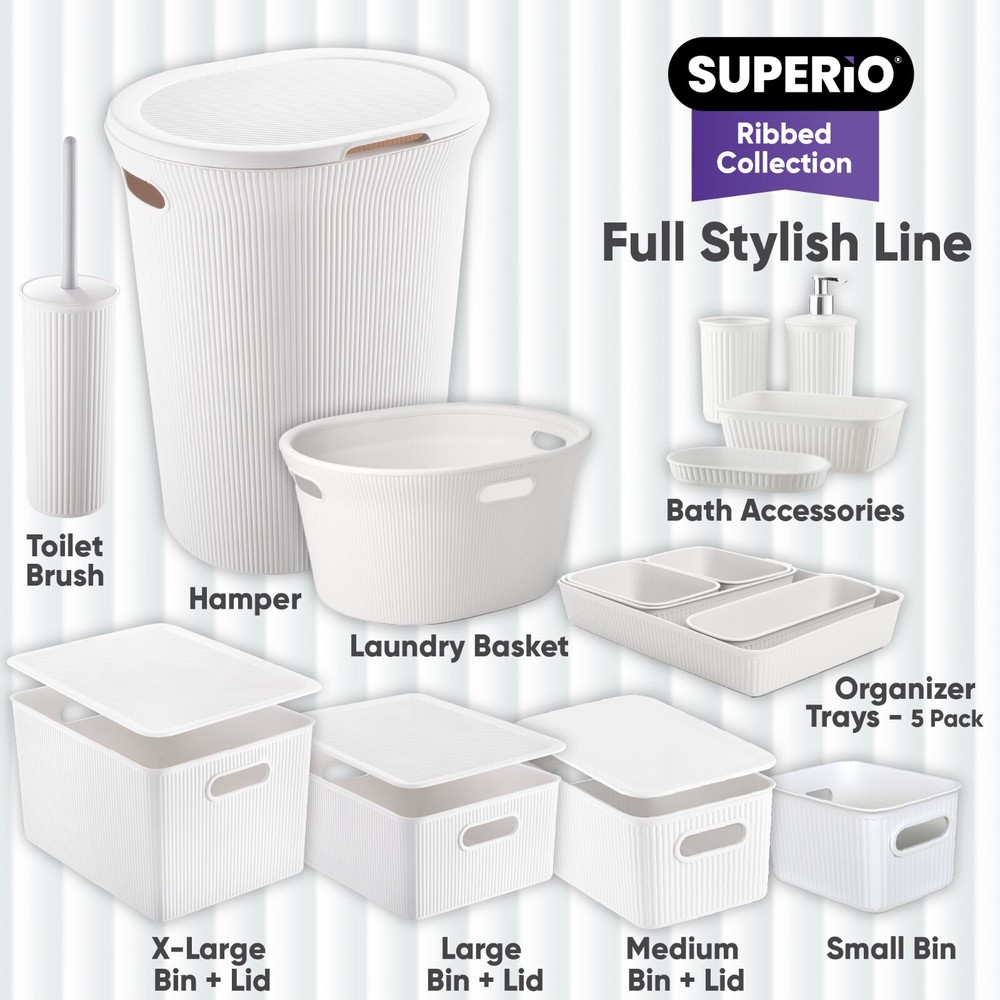 Decorative Plastic Laundry Baskets 35 Liter, White (2 Pack) with Cut-Out Handle