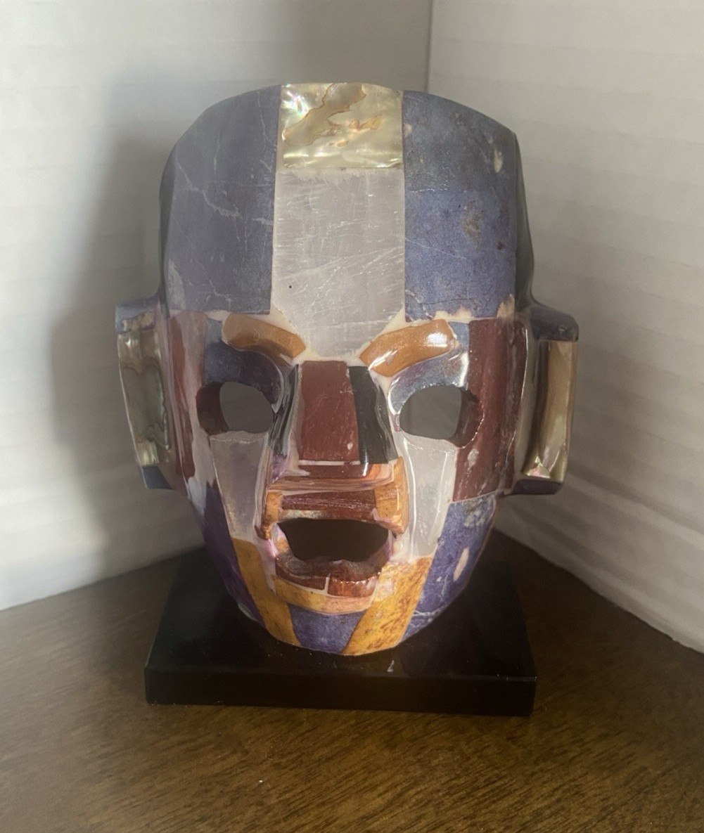5" mosaic ceremonial burial death mask replica semi-precious stones Aztec Mayan