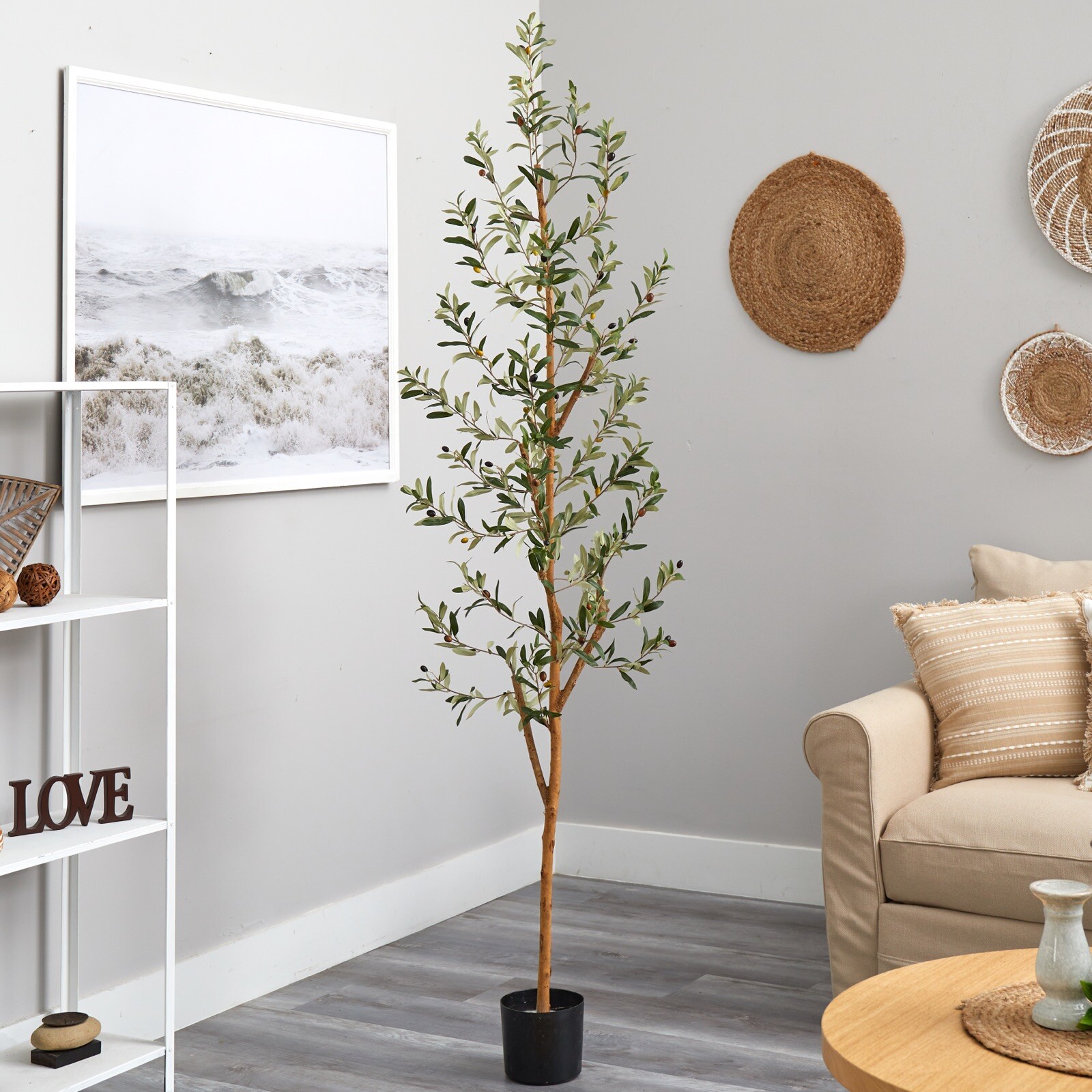 7ft Olive Minimalist Artificial Tree with Natural Trunk Home Decor. Retail $149