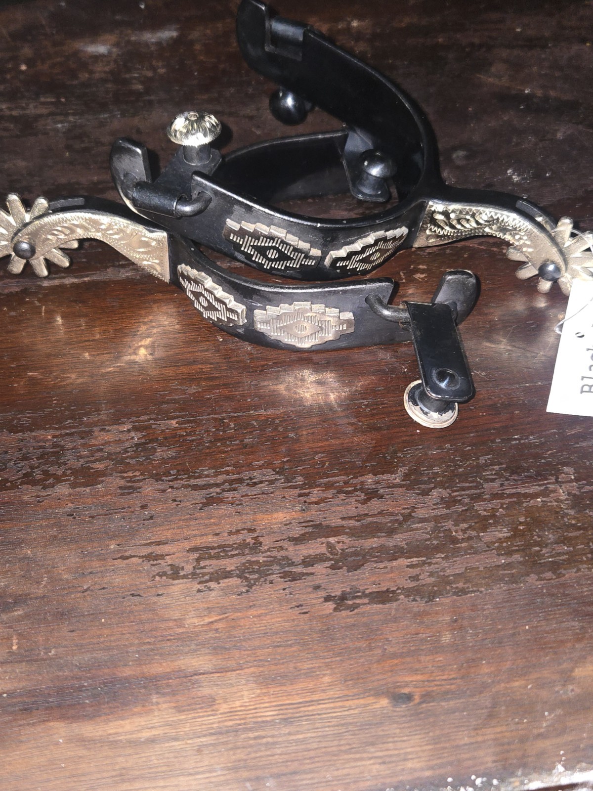 Men's Partrade/Metalab Black Western spurs w/German silver Aztec trim