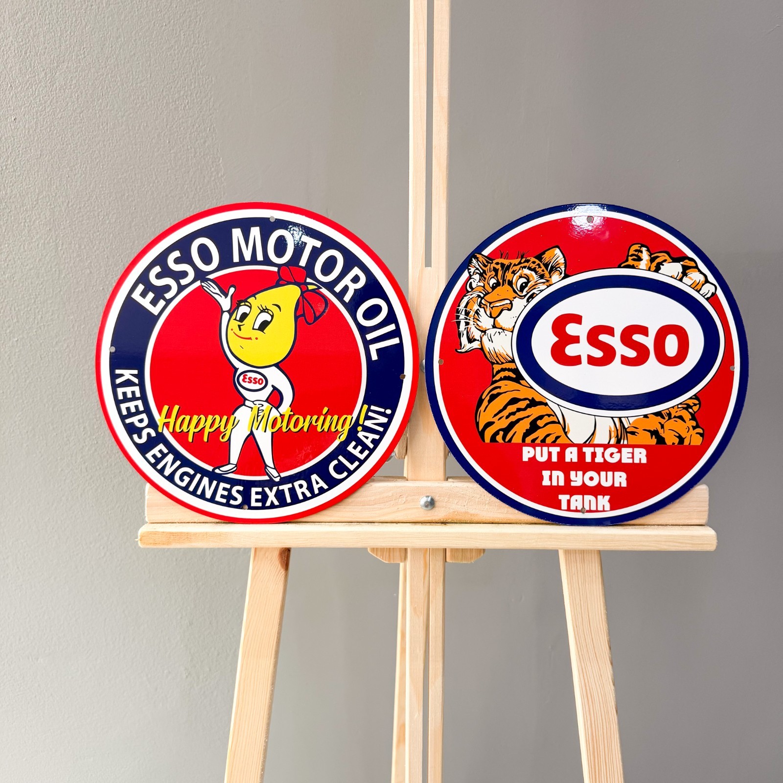Esso Vintage Metal Sign Set of 2 Happy Motoring Female & Tiger – 30 cm / 11.8”