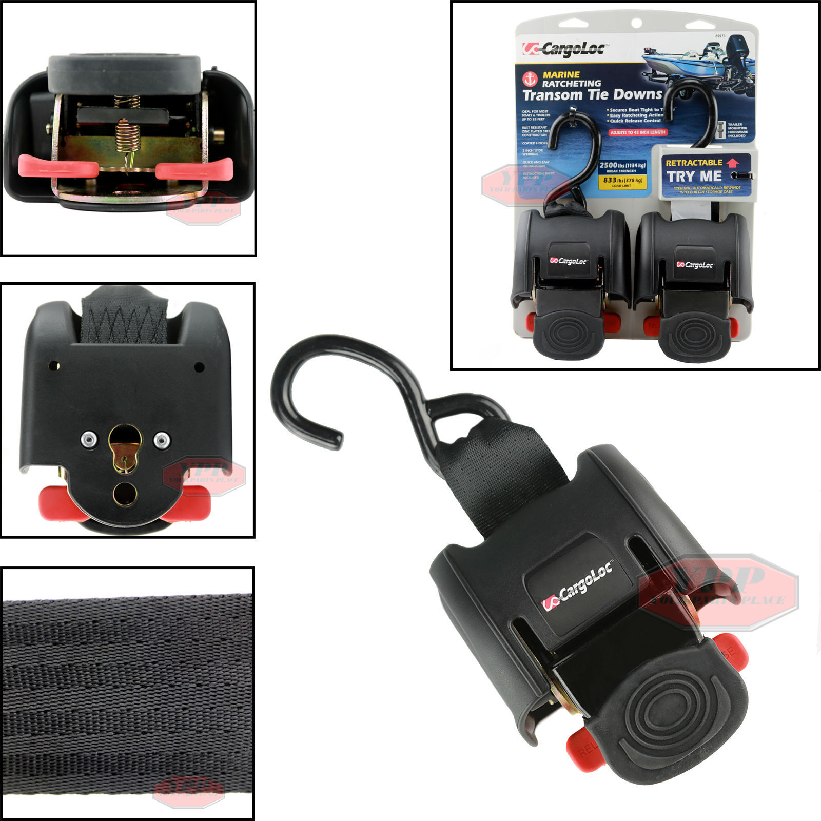 2 Pack Marine Retractable Transom Tie Down 2500lbs Boat Trailer 2 inch Strap 43"