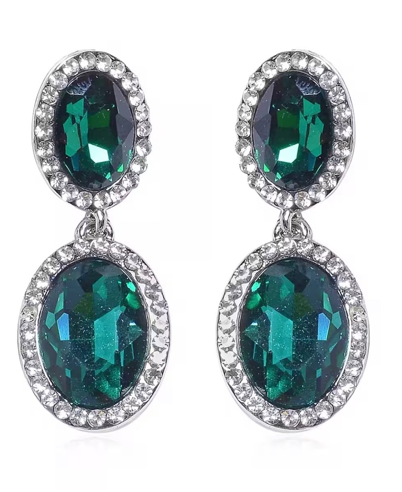Simulated Emerald & Crystal Statement Necklace & Drop Earrings set BN
