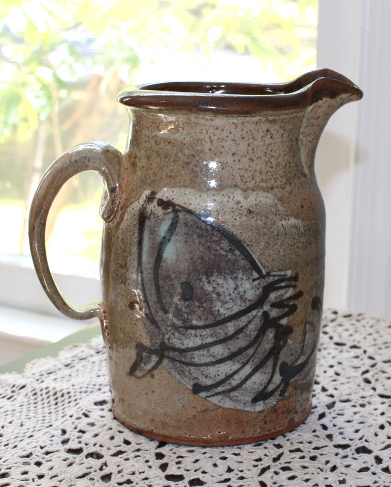 Art Pottery Studio Pitcher Signed LS Tan Brown Decorative Fish Pattern Speckled