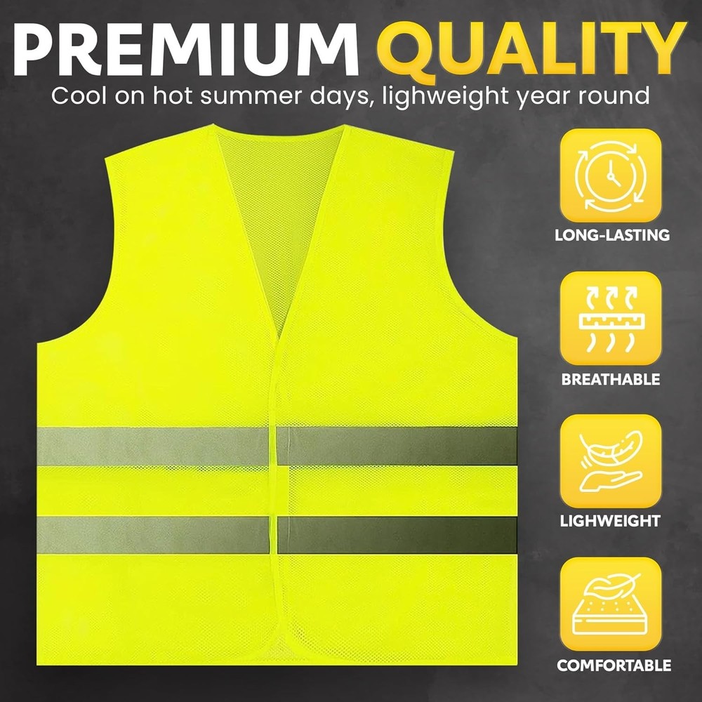 High Visibility Safety Vests - 10 Pack Yellow Reflective