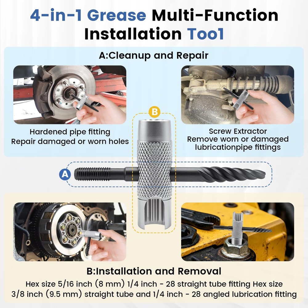2 Pcs Grease Fitting Tool 4-In-1 Grease Zerk Fitting Tool for Install and Remove