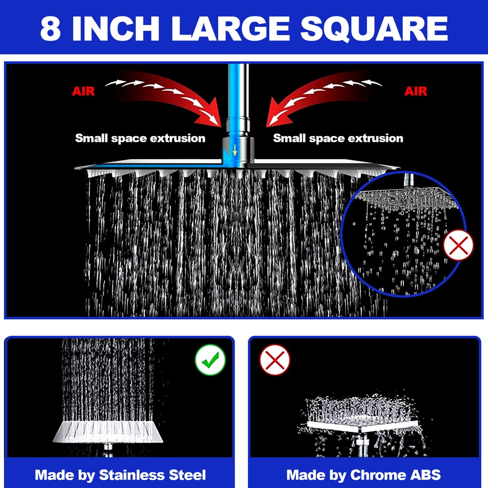 High Pressure Adjustable 8” Rain Square Shower Head with Handheld Spray Combo