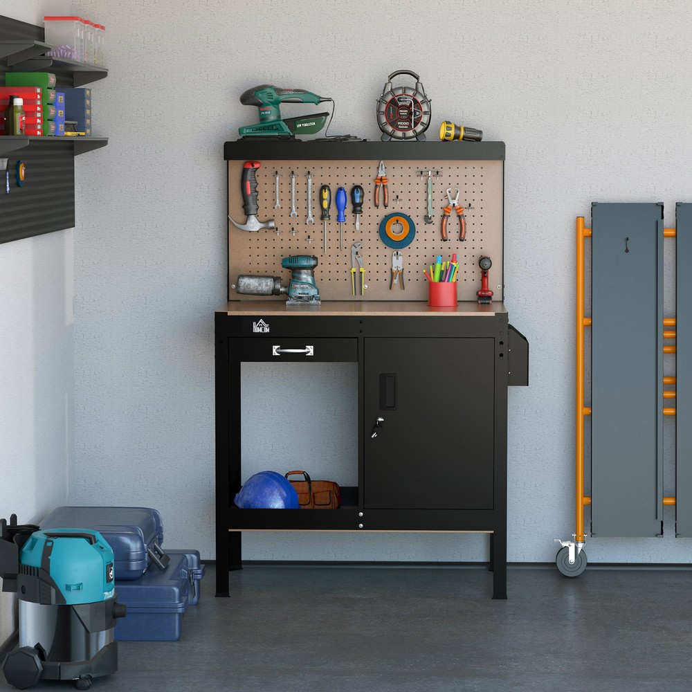 Work Table Garage Tool Stand w/ 20 Hook Peg Board, Tool Storage, 220lbs Capacity