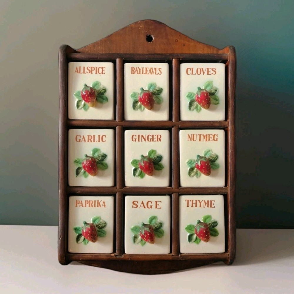 Wood Wall Spice Rack Ceramic Drawers 3D Strawberry Pulls/Knobs Cottage Core Vtg