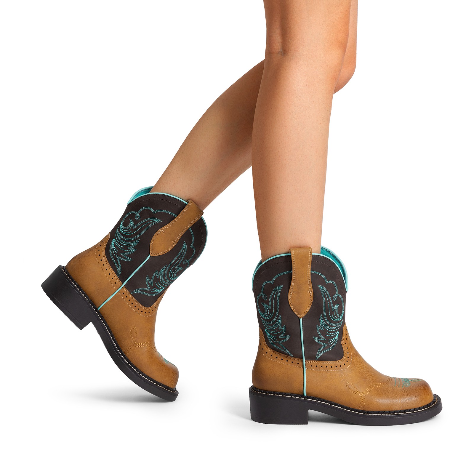 US Women Mid Calf Boots Western Boot Round Toe Embroidered Cowboy Cowgirl Boots