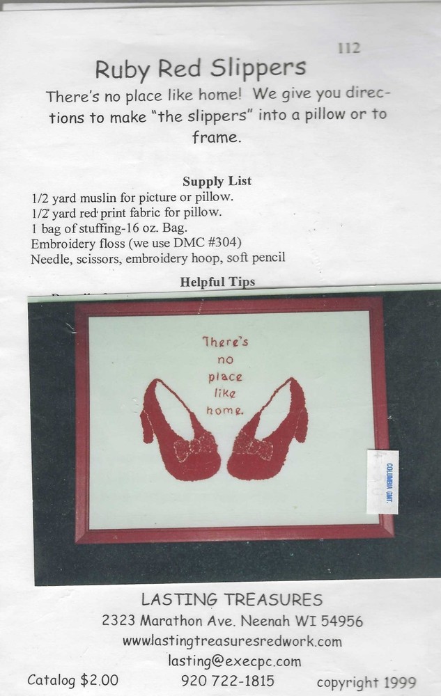 Ruby Red Slippers ~ Lasting Treasures - Redwork Embroidery Pattern with Muslin