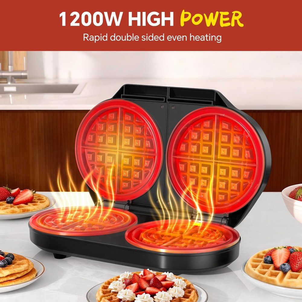 Double Waffle Maker, Belgian 6.5 Inch 2 Slices, Black