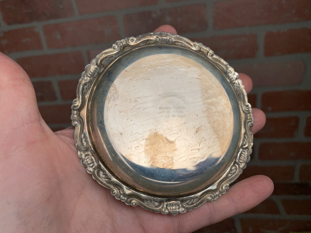 Silver Plated Trinket Dish/Ash Tray/Coaster, Etched, 4", Made In Italy