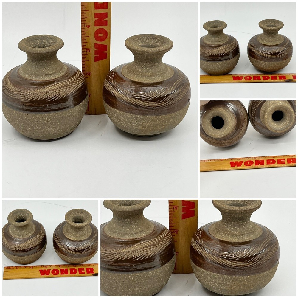 2 Small Vases SIGNED HANDMADE MCM Studio POTTERY ART Slightly Different BoHo 4"