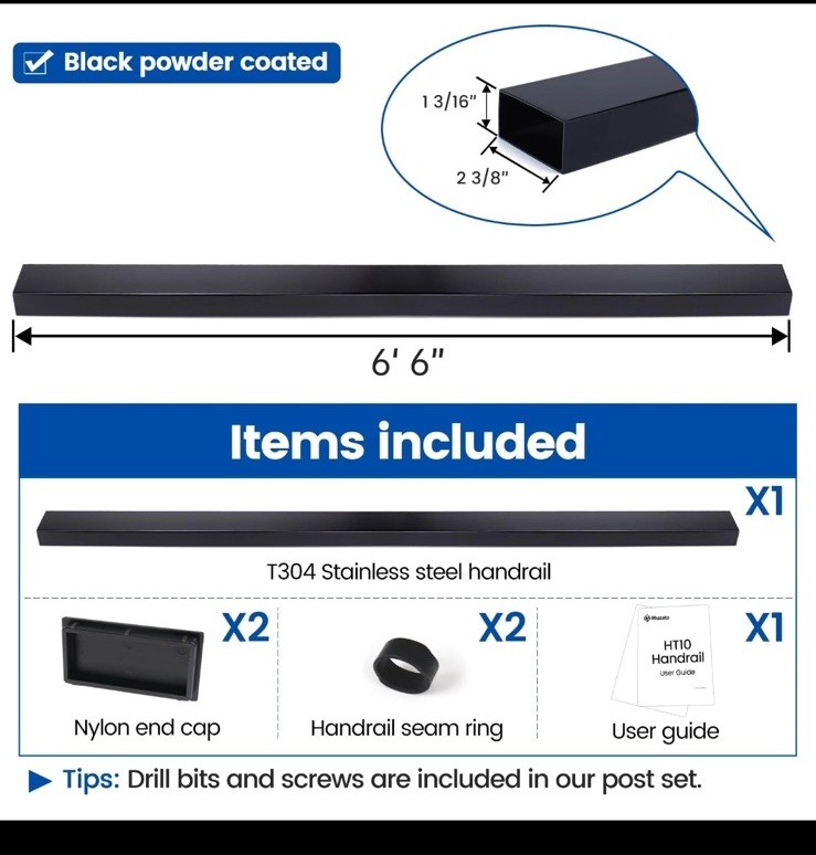 2x6'6" Stainless Steel Handrail Black Rectangular Top 2 pack