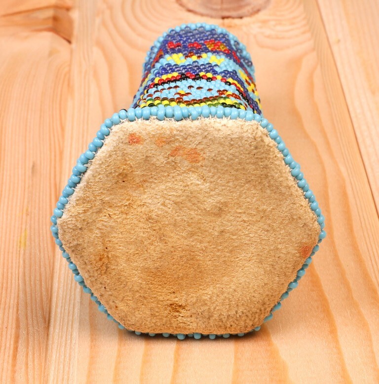 Paiute Beaded Glass / Basket / Bead-Covered Jar with Blue Field, Diamond Motif