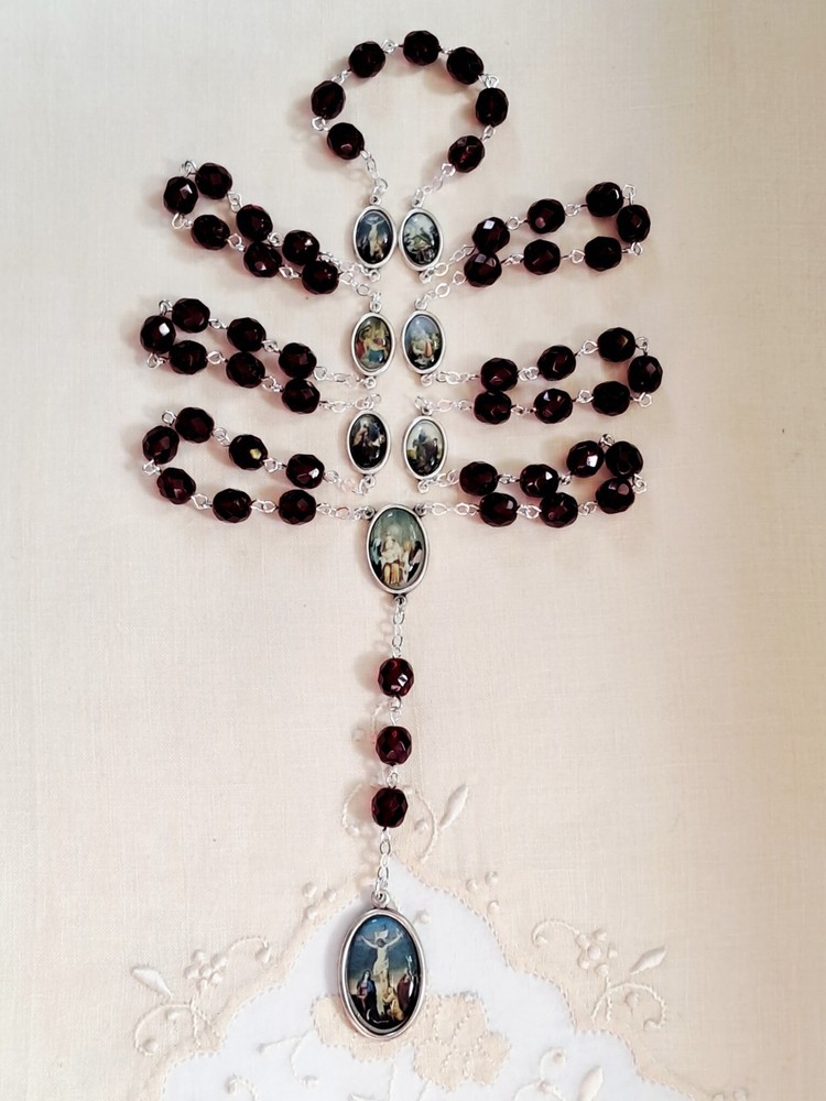 7 Sorrows Rosary Chaplet Dark Garnet Glass in Silver