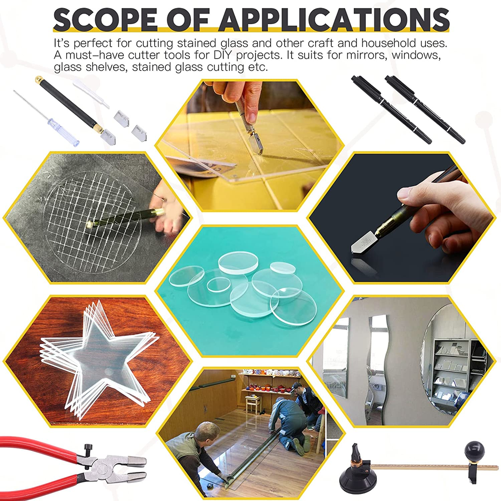 9 Pcs Glass Cutting Tool Set Kit Includes Adjustable Circular Glass Cutter,