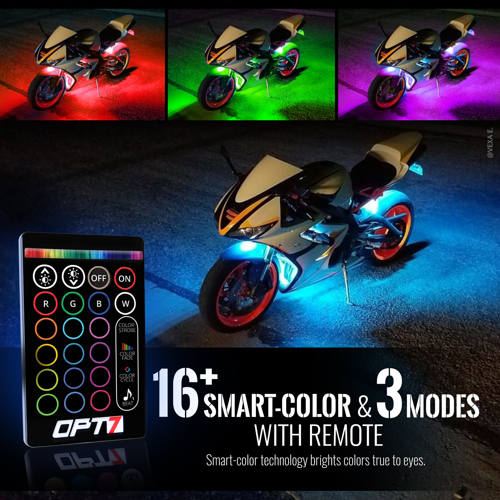 OPT7 Motorcycle LED Light Kit All-Color Underglow Neon Strip 10pc Double Cruise