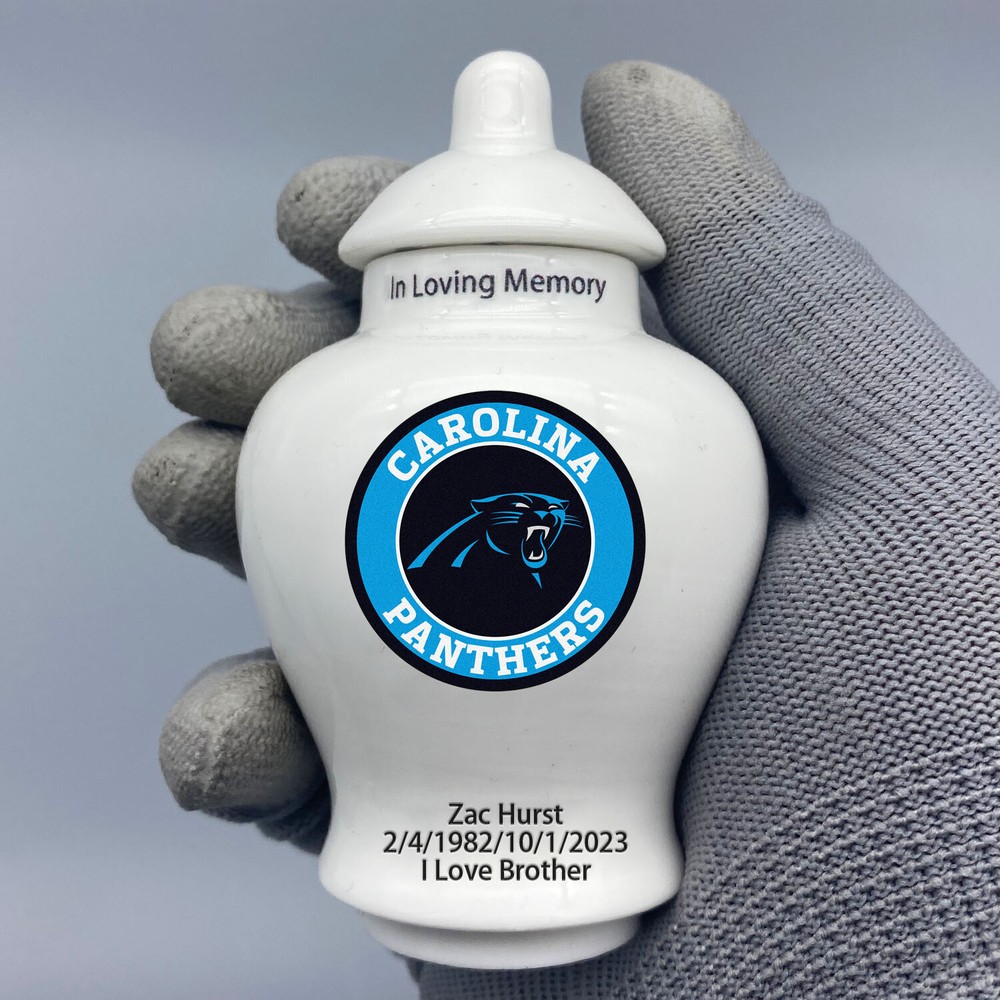 Ceramic Football Urn – Carolina Panthers Theme, Custom Text