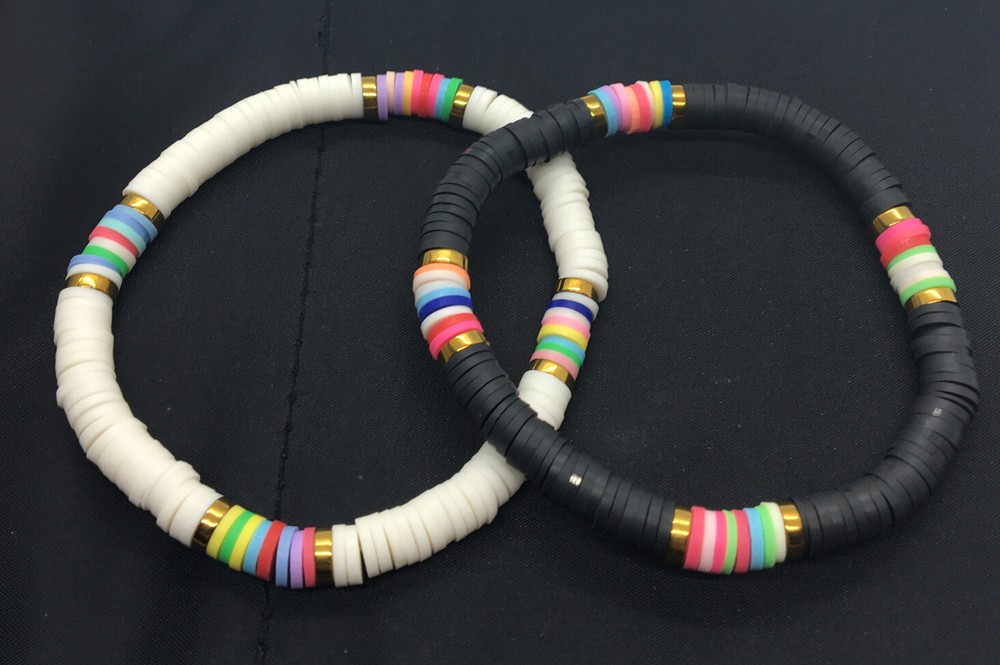 2 PC Set Handmade Heishi 7” Bracelet Stackable Multicolor African Vinyl New 3078