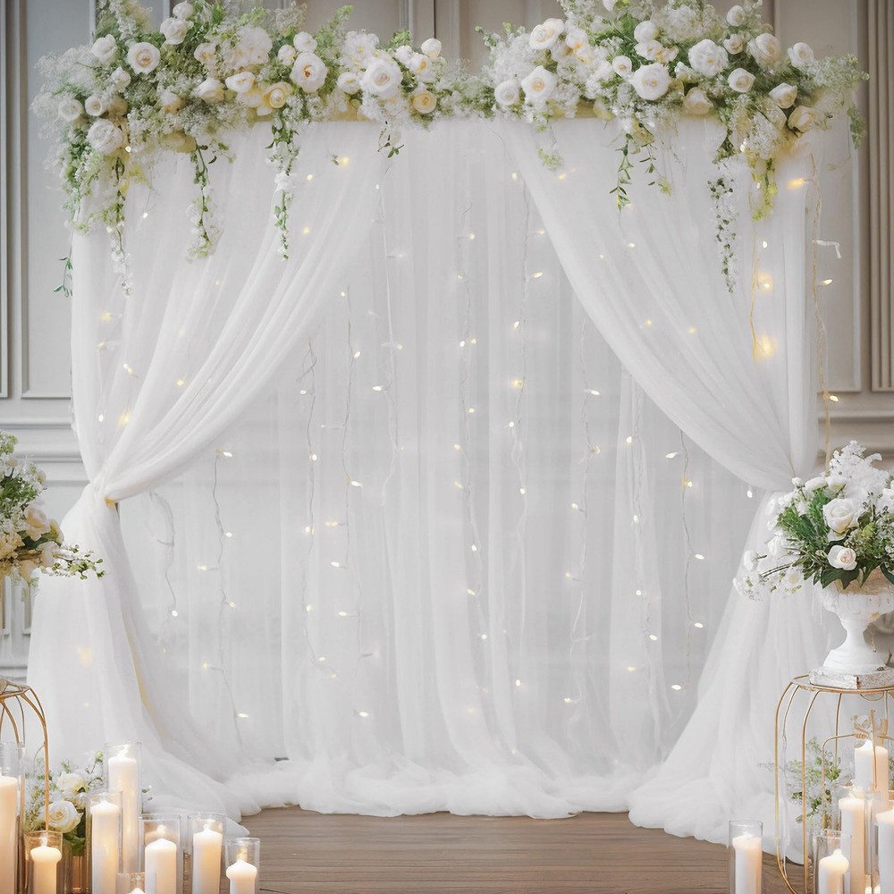 108ft White Tulle Curtain Backdrop with Lights String for Parites, Sheer Drapes