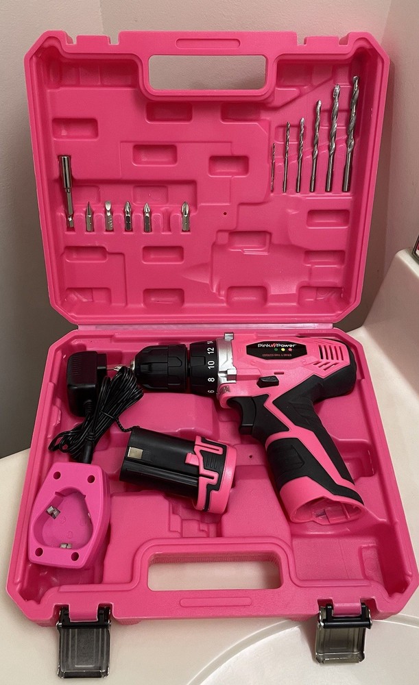 Pink Power 12 Volt Lith Ion Drill Driver w/ Case Drill Bit Set Charger Tool Box