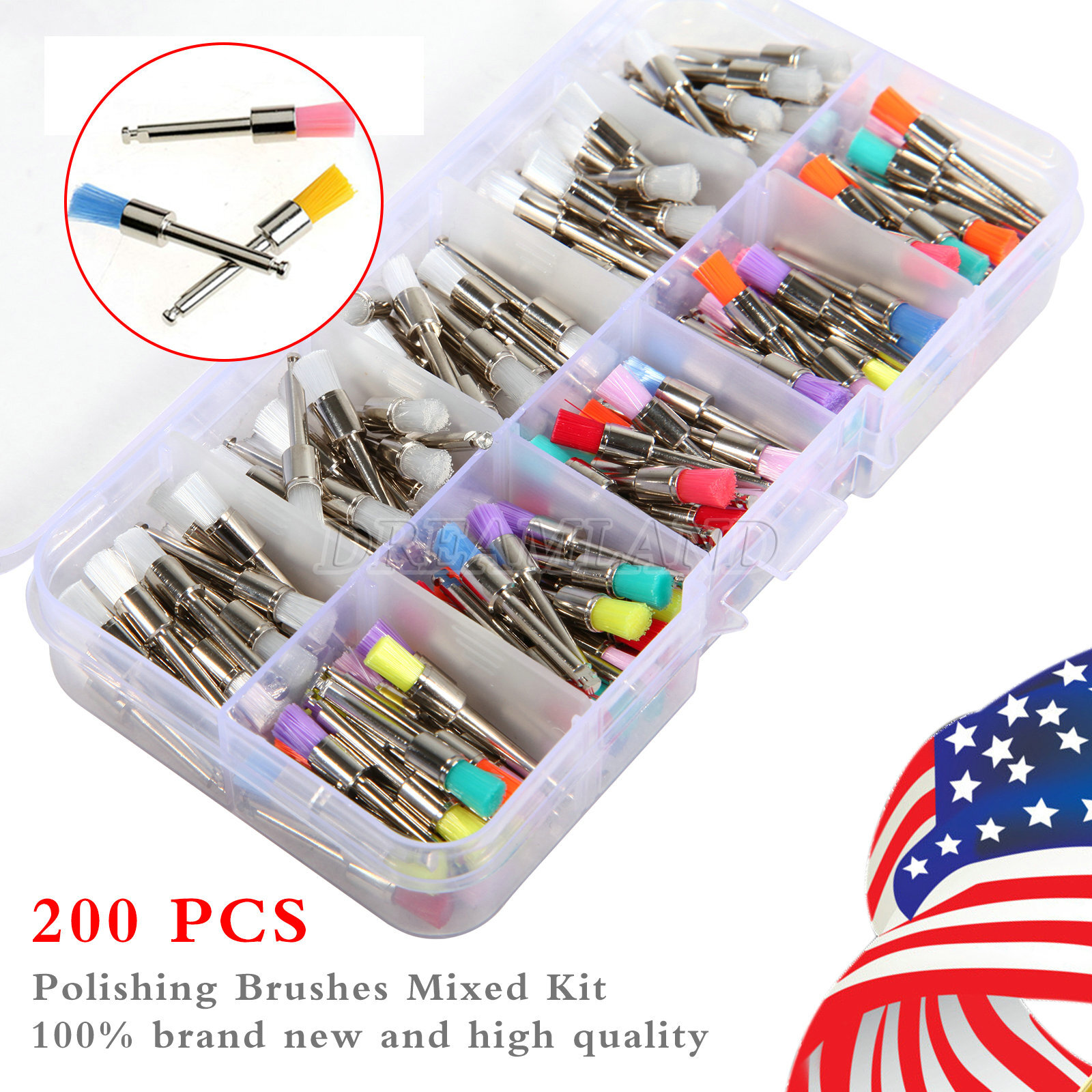 200PC Dental Nylon Materials Closure Flat Polishing Polisher Prophylaxis Brushes