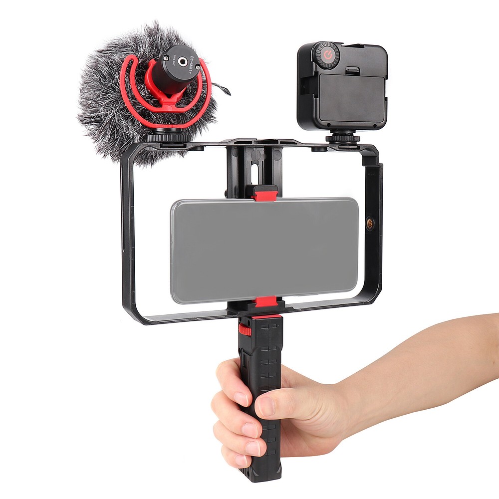 Smartphone Video Rig Cage Handle Grip+BOYA BY-MM1 Microphone+49 LED Light KIT US