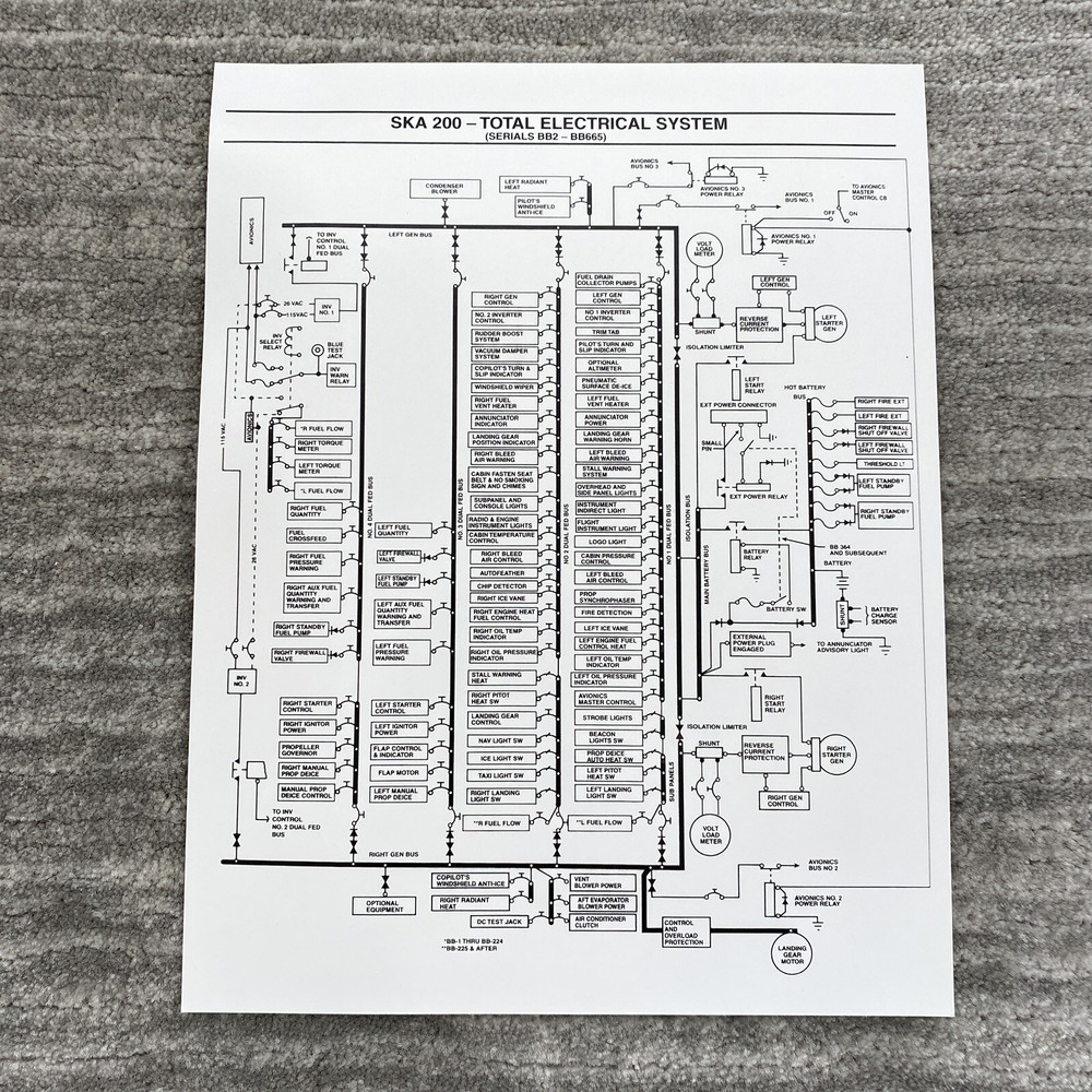 Super King Air 200 Fuel System Schematic & Electrical System on Laminated Cards