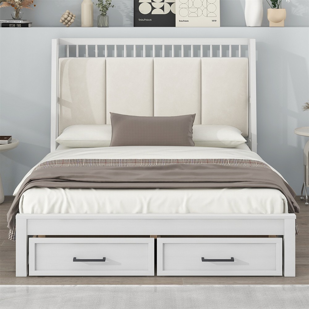 Full/Queen Size Bed Frame Upholstered Platform Bed Frame w/ 2 Drawers White