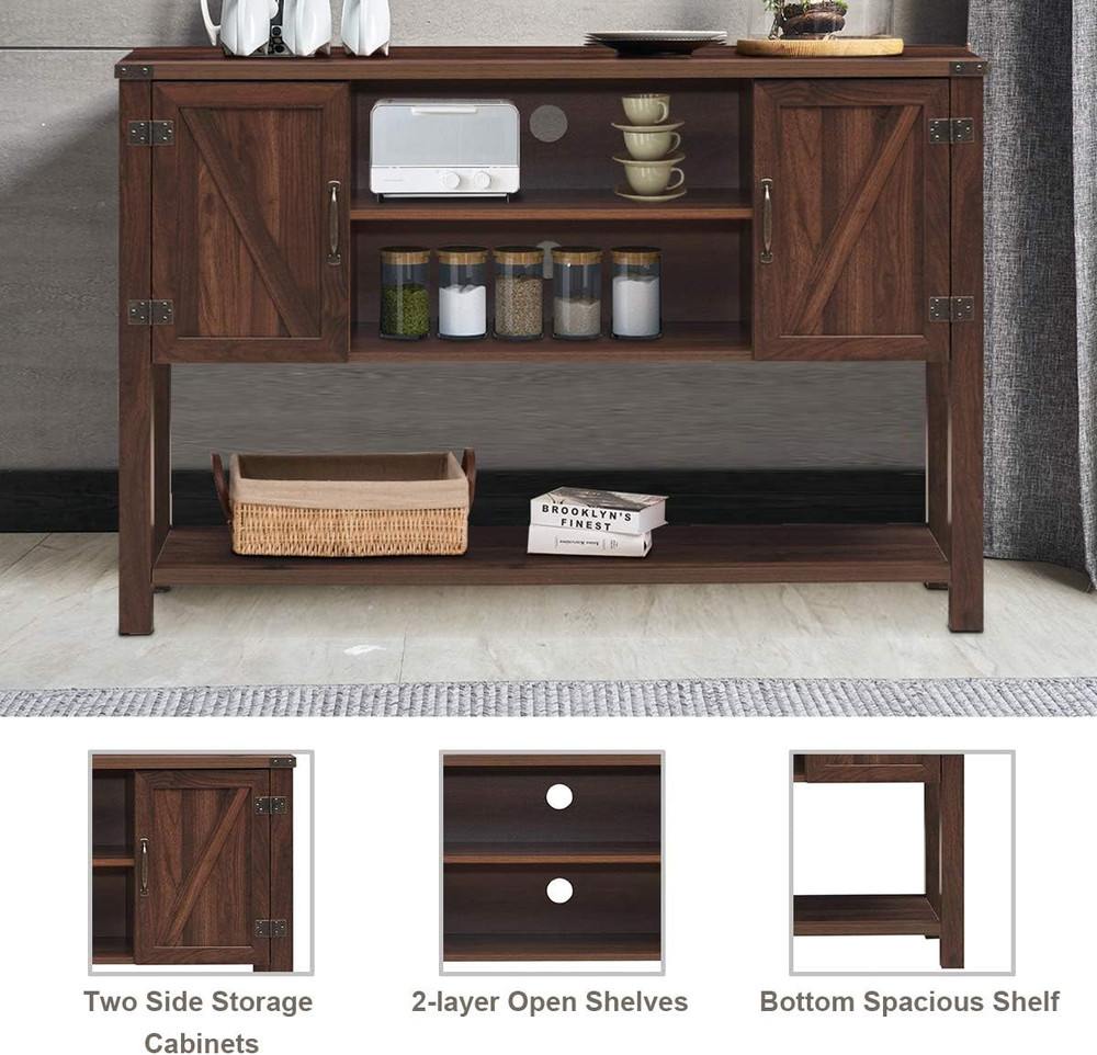Modern Brown Console Table Buffet with Storage Cabinets and Bottom Shelf