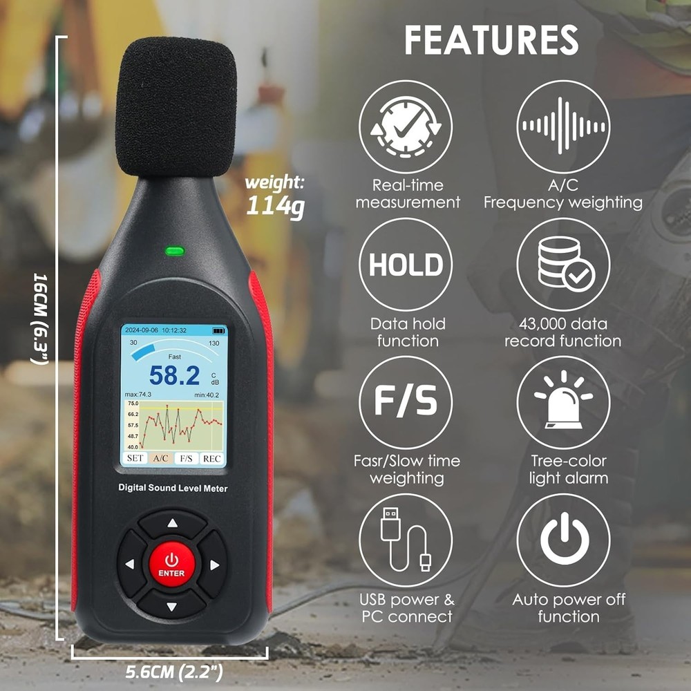 Digital Decibel Meter Data Logger 43K Records USB Export High Accuracy