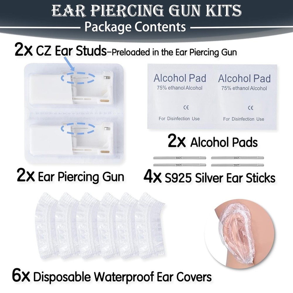 Safe At-Home Ear Piercing Kit - 16 Pieces with Sterilized Studs & Accessories
