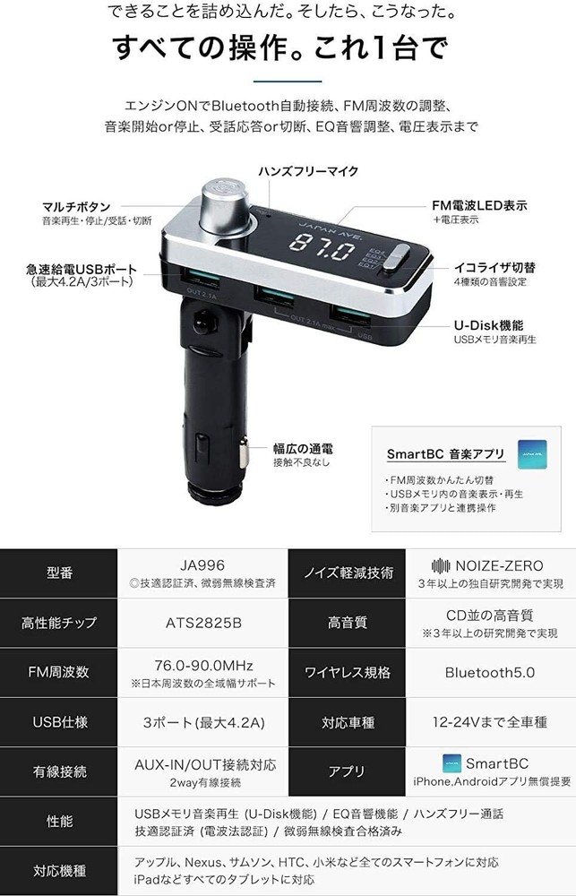 JAPAN AVE. FM Transmitter Bluetooth 5.0 High-Quality Sound JA996