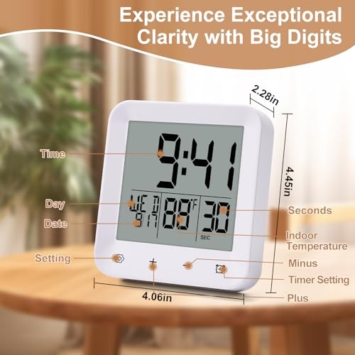 Waterproof Shower Clock with Timer, Bathroom Wall Clock Displaying White