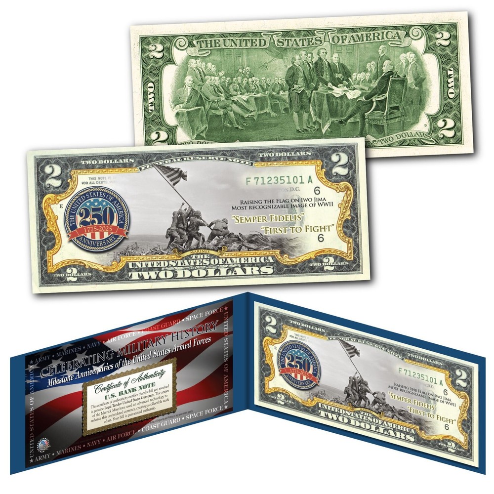 MARINES 250th ANNIVERSARY Authentic $2.00 Bill Armed Forces US Military History