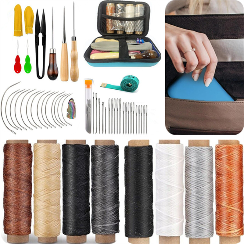 Upholstery Repair Leather Sewing Kit Waxed Thread Stitching Needles Awl Hand