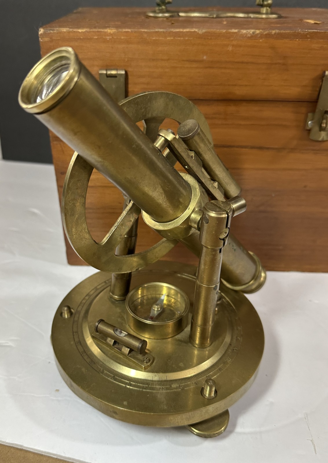 Vintage Brass Theodolite Surveyor's Level Transit Scope Compass Tool & Wood Box